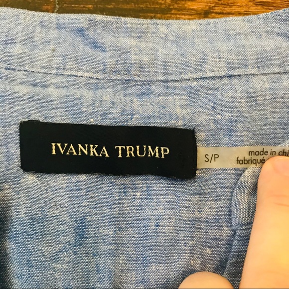 Ivanka Trump Linen Blue Chambray Preppy Work Classy V-Neck Boho Beaded Blouse - Picture 4 of 7